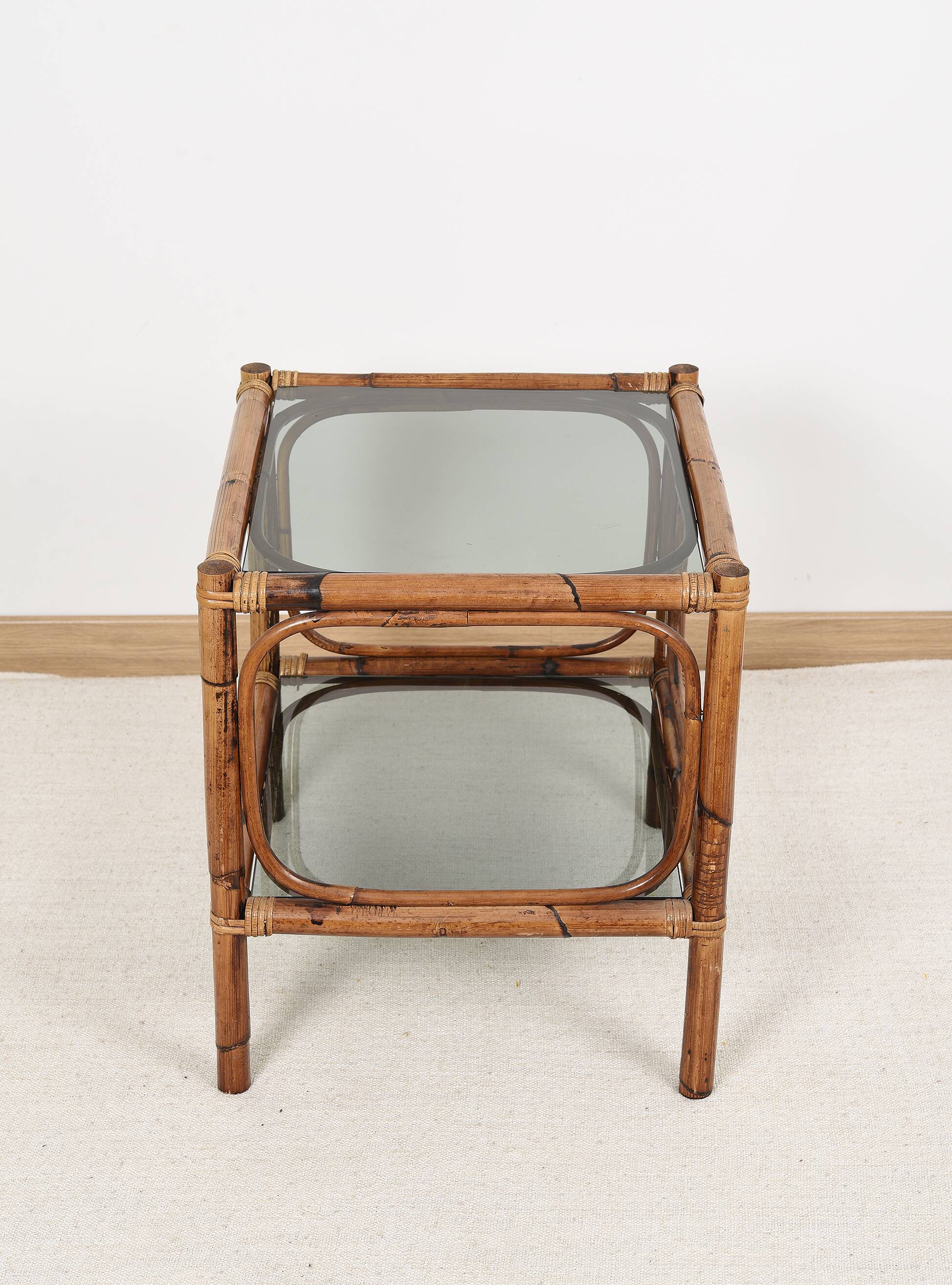 Bedside table or coffee table in bamboo and smoked glass, double top, 70s
