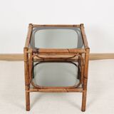 Bedside table or coffee table in bamboo and smoked glass, double top, 70s