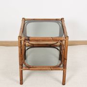 Bedside table or coffee table in bamboo and smoked glass, double top, 70s
