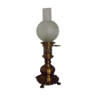 French vintage oil lantern replica brass table lamp floral funnel shade