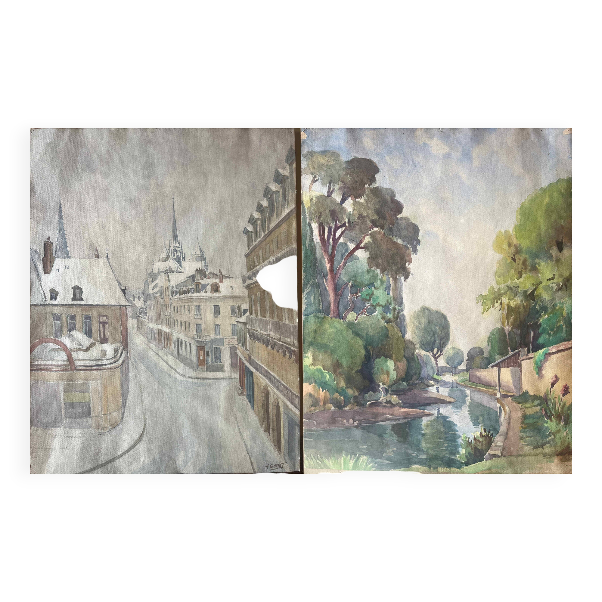 Two-sided watercolor painting Dijon Cathedral St Benigne/ Ouche by Henri Gabet 1899