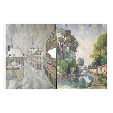 Tableau Aquarelle biface Dijon Cathédrale St Benigne/ Ouche par Henri Gabet 1899