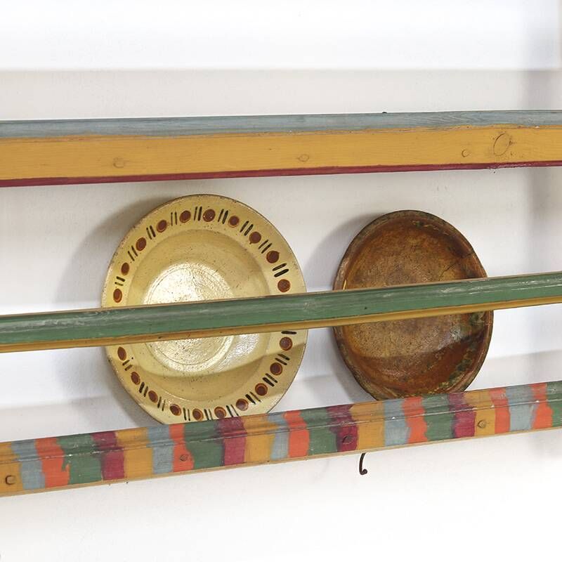 Antique Rustic Farmhouse Folk Art Painted Kitchen Plate Rack / Wall Shelve