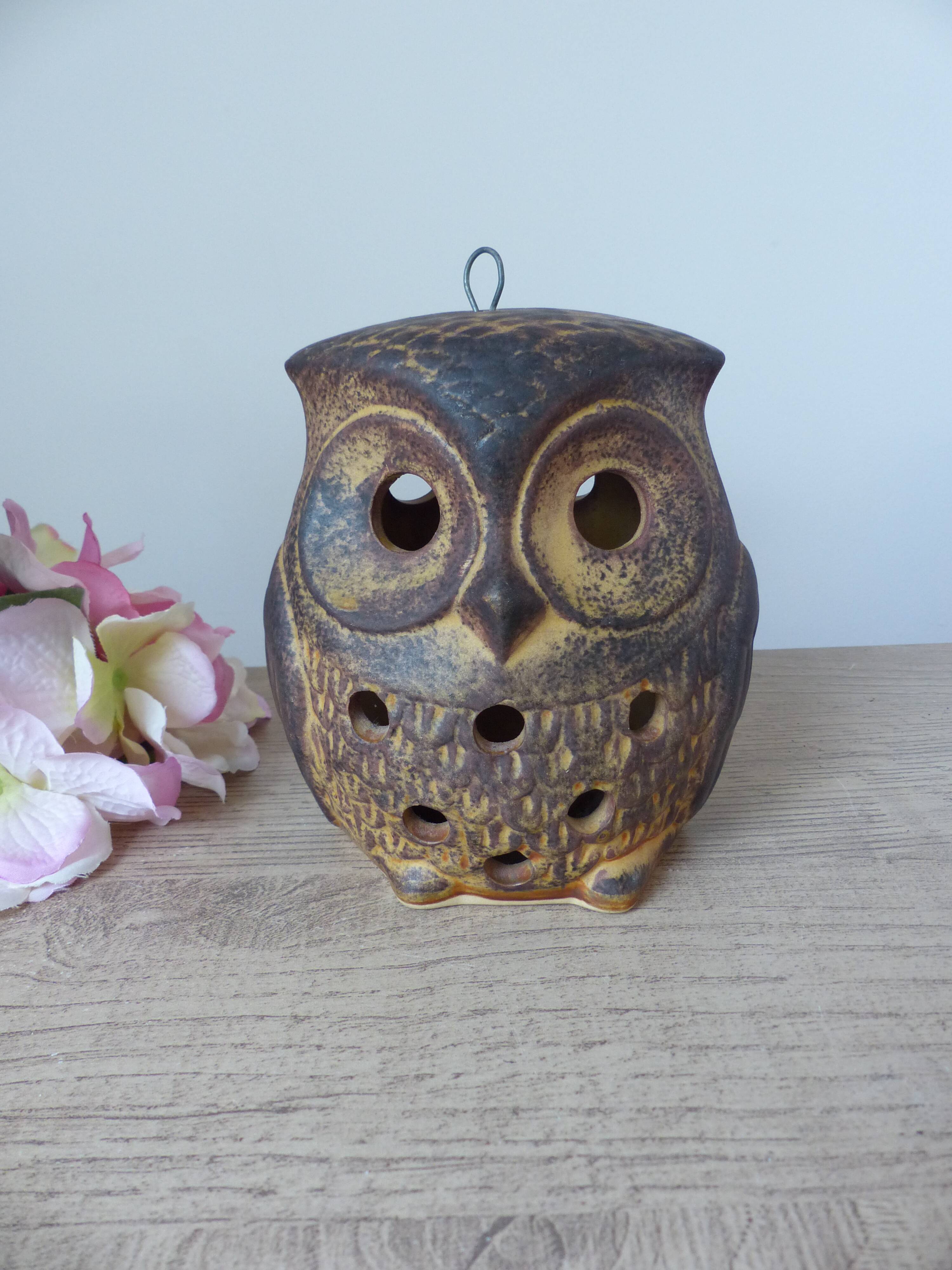 Vintage owl shaped stoneware tealight candle holder, owl lantern