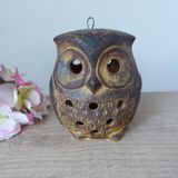 Vintage owl shaped stoneware tealight candle holder, owl lantern
