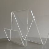 Asymmetrical design magazine rack in transparent acrylic, 70s