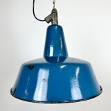 Industrial blue enamel factory lamp with cast iron top, 1960s