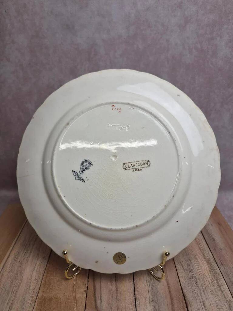 Antique English plate Clarendon P.b.&s – decoration of mauve birds & flowers – Oriental Ivory