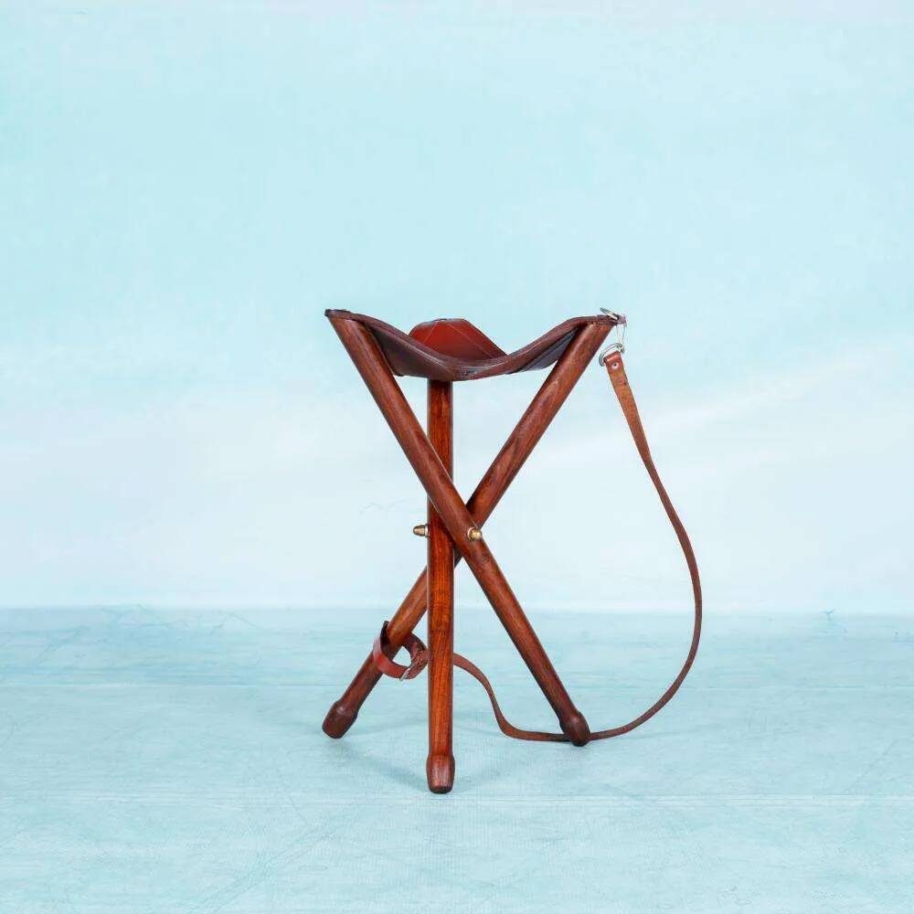 Scandinavian bohemian leather stool, Danish teak stool.