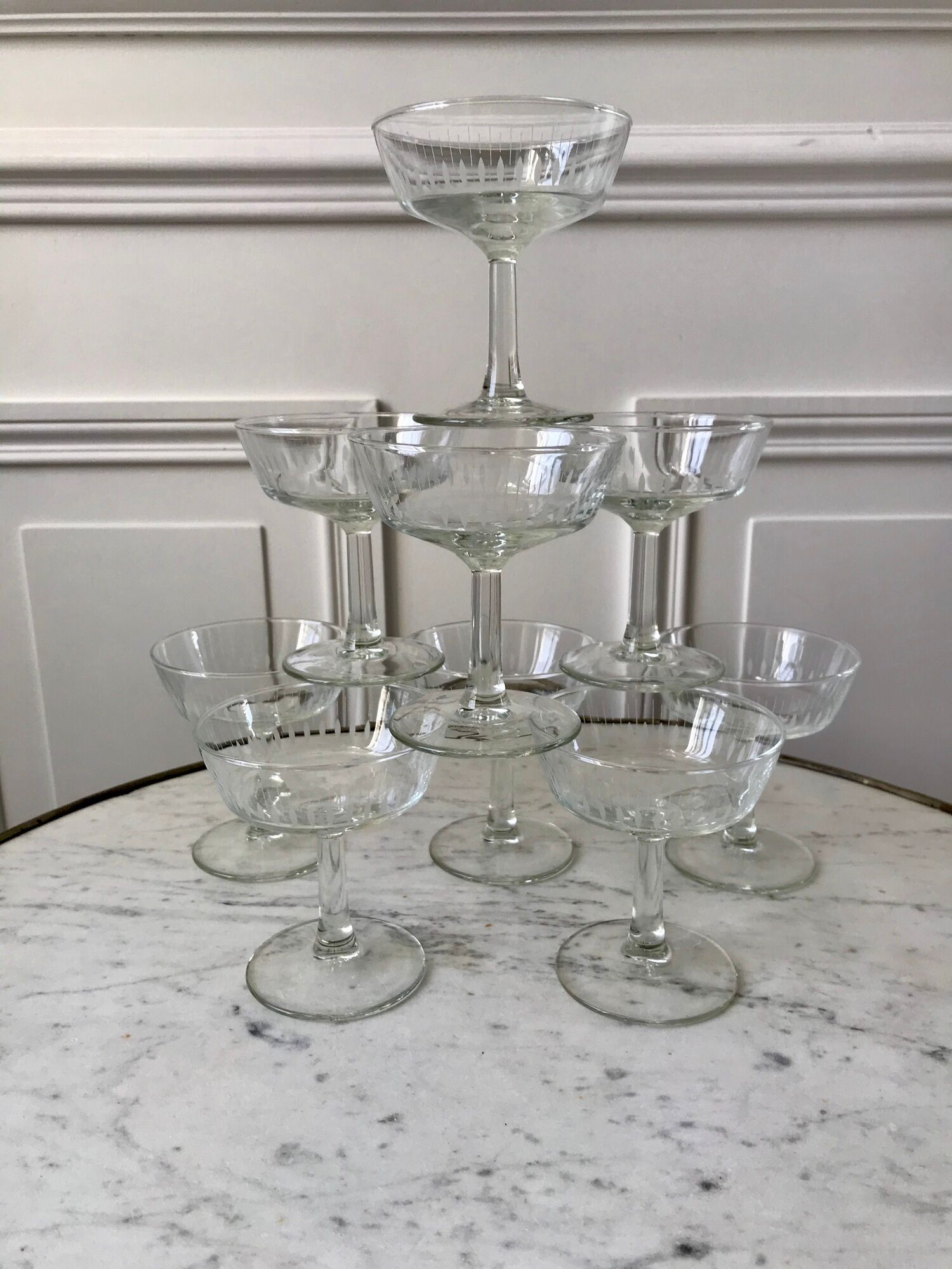 Lot de 10 coupes à champagne en verre cristallin années 50-60