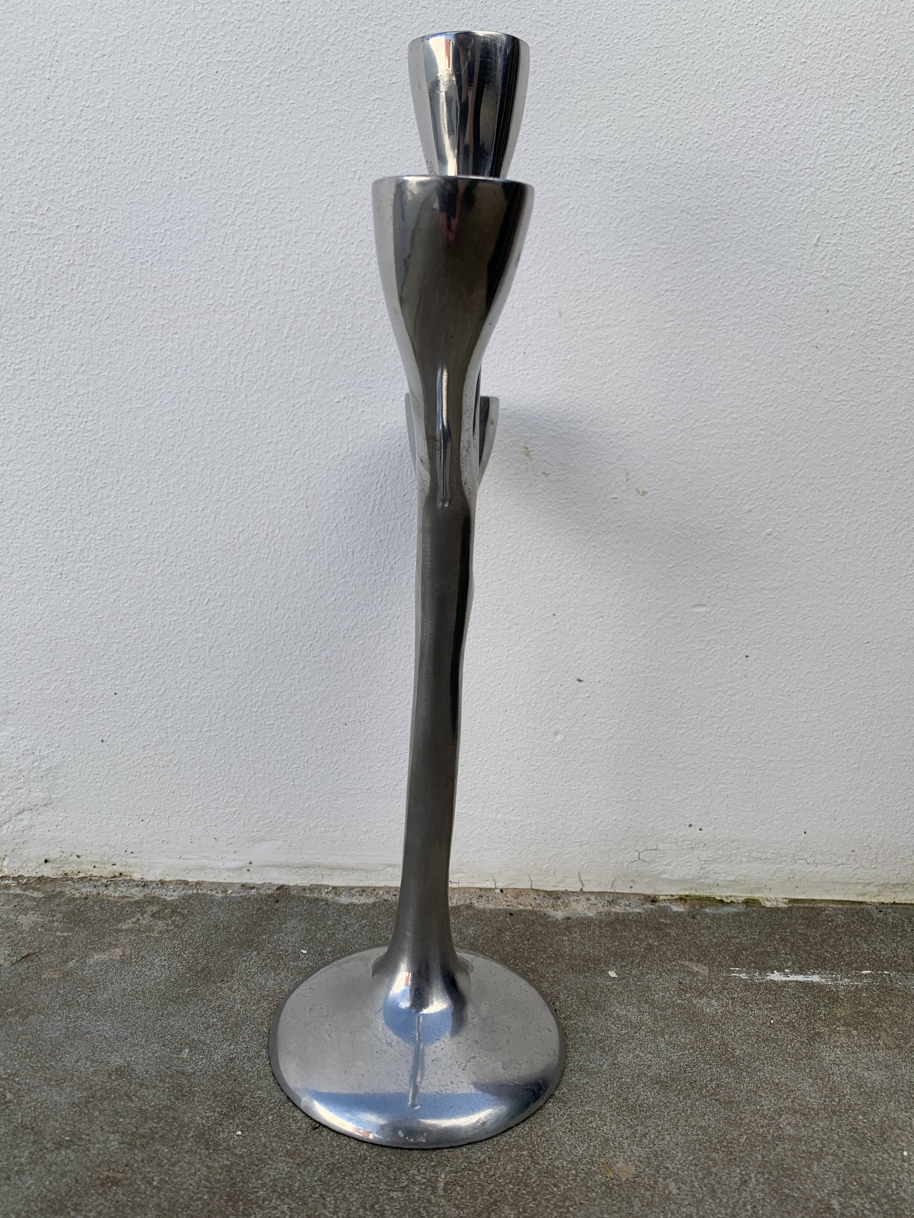 Organic candle holder in brushed aluminum, 3 branches, 1970