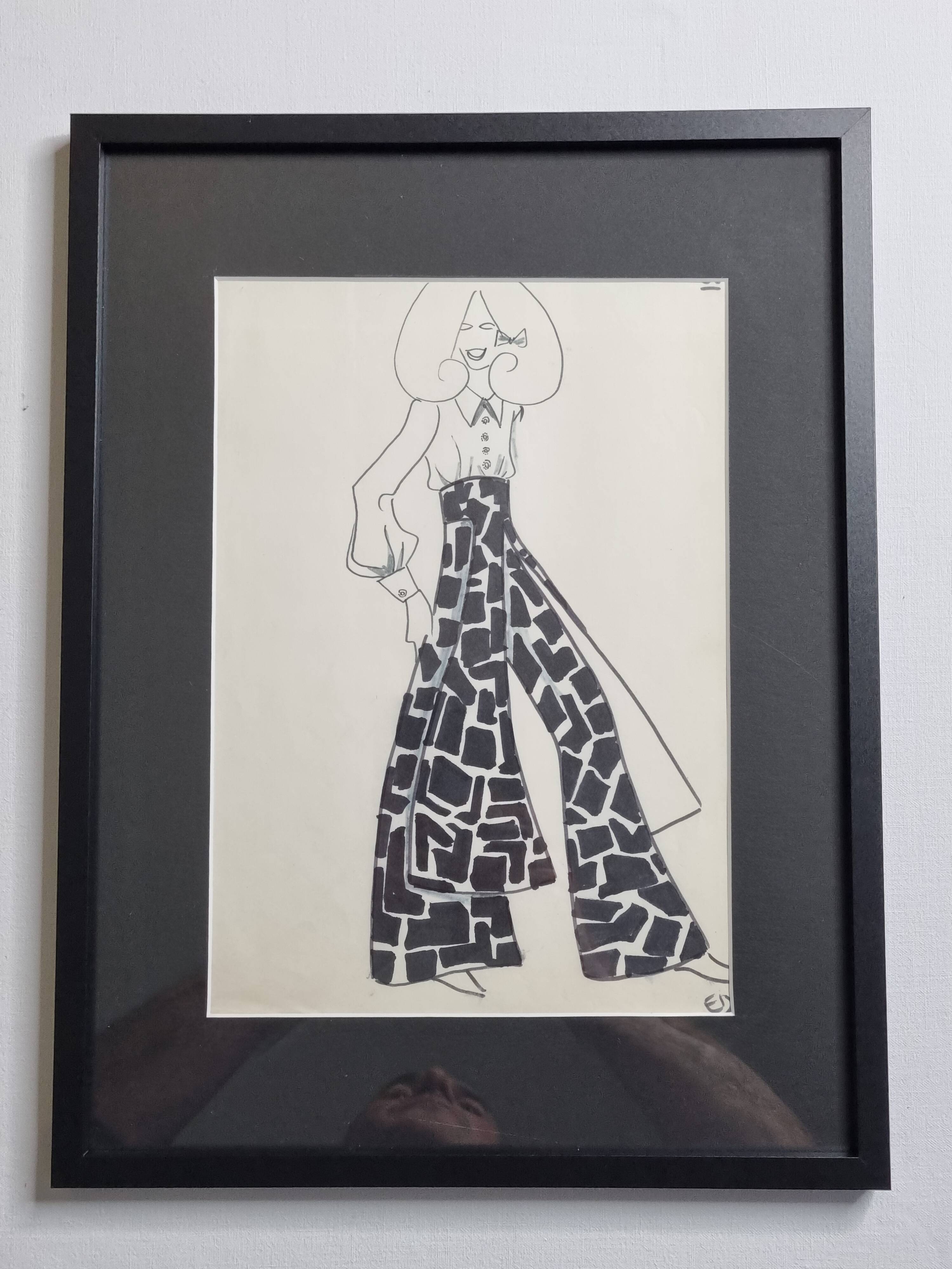 Fashion sketch, original drawing, monogrammed by Jean Eden, 70s