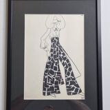 Fashion sketch, original drawing, monogrammed by Jean Eden, 70s