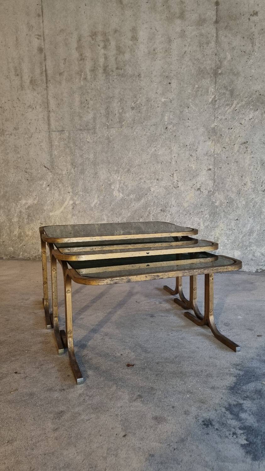 3 nesting tables in brass and glass