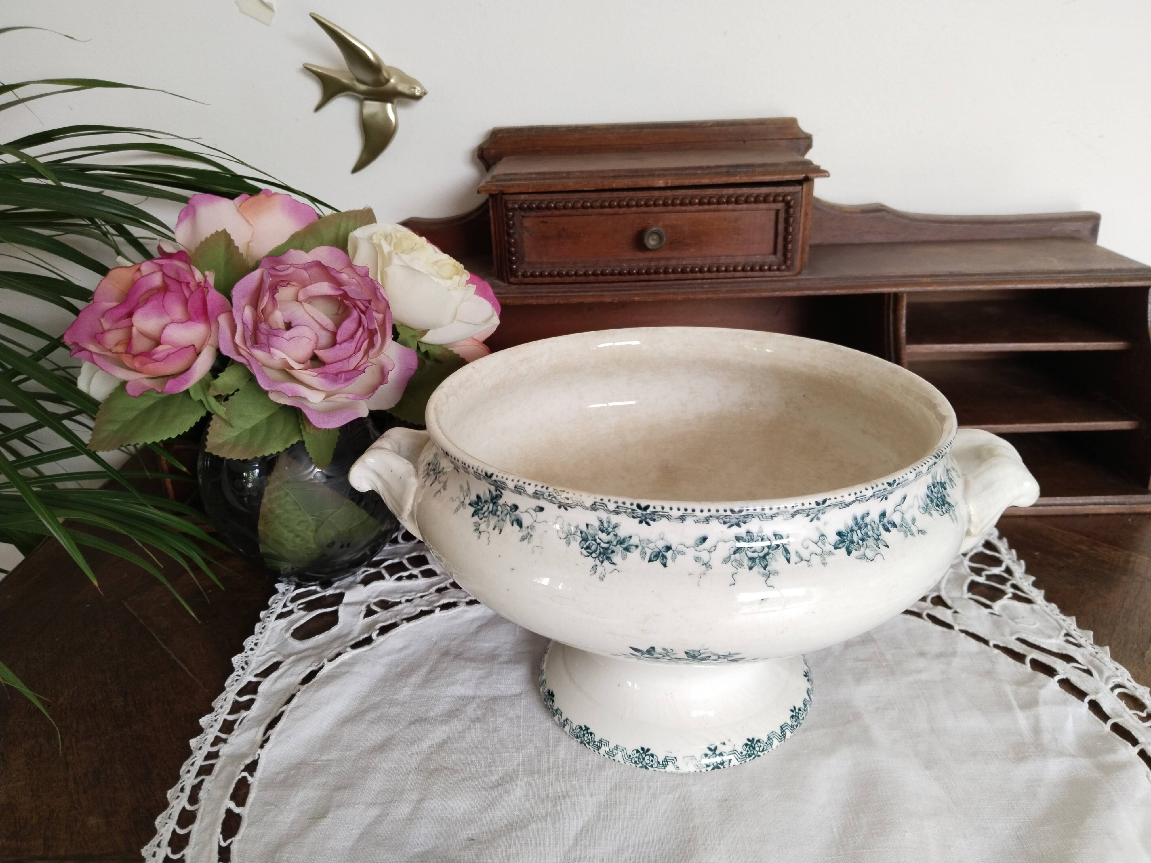 Ancienne Soupière Légumier Faïencerie Givors France - Décor Quadrillé Bordeaux - Vintage
