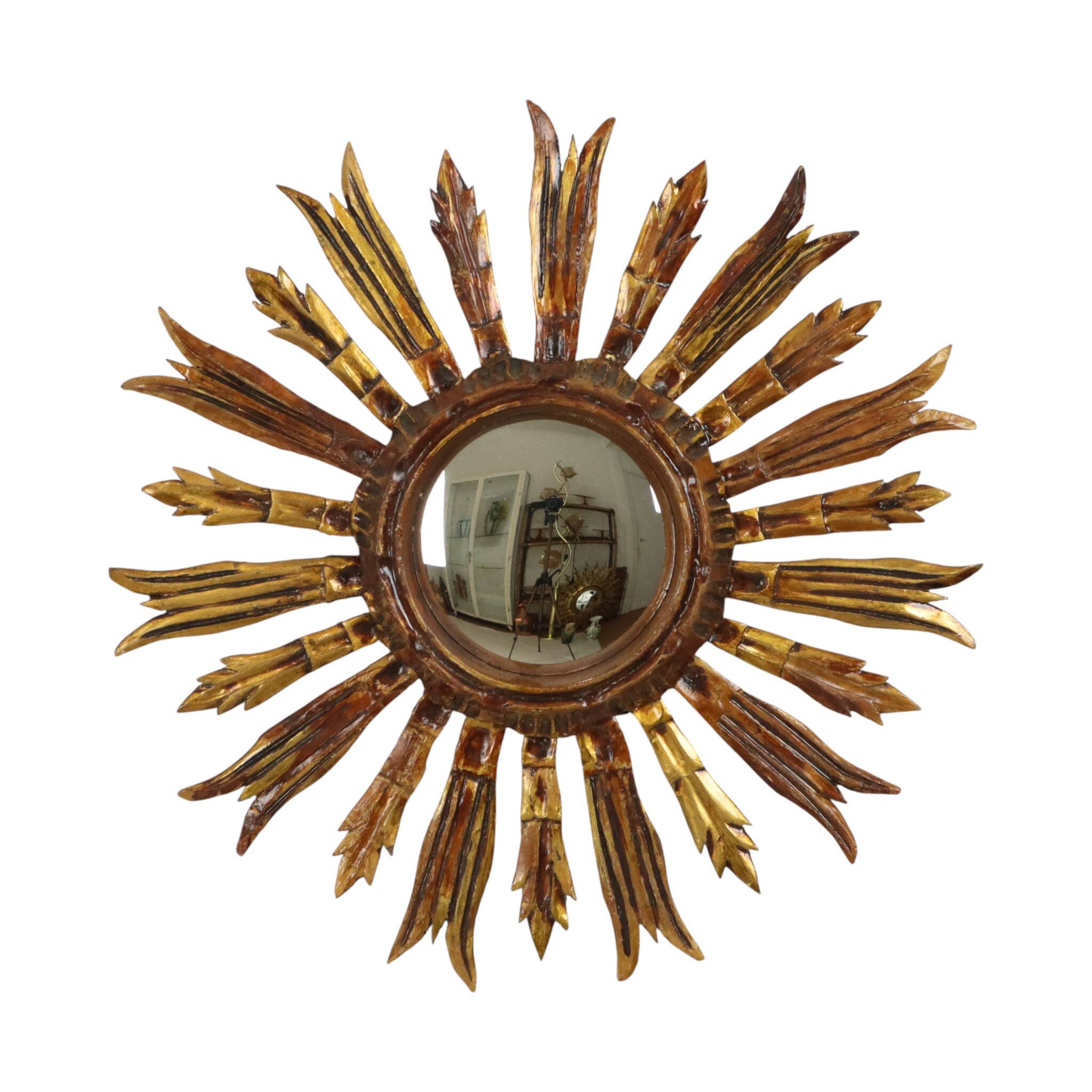 Vintage Wooden Sun Mirror Sunburst Gold Fifties 52cm