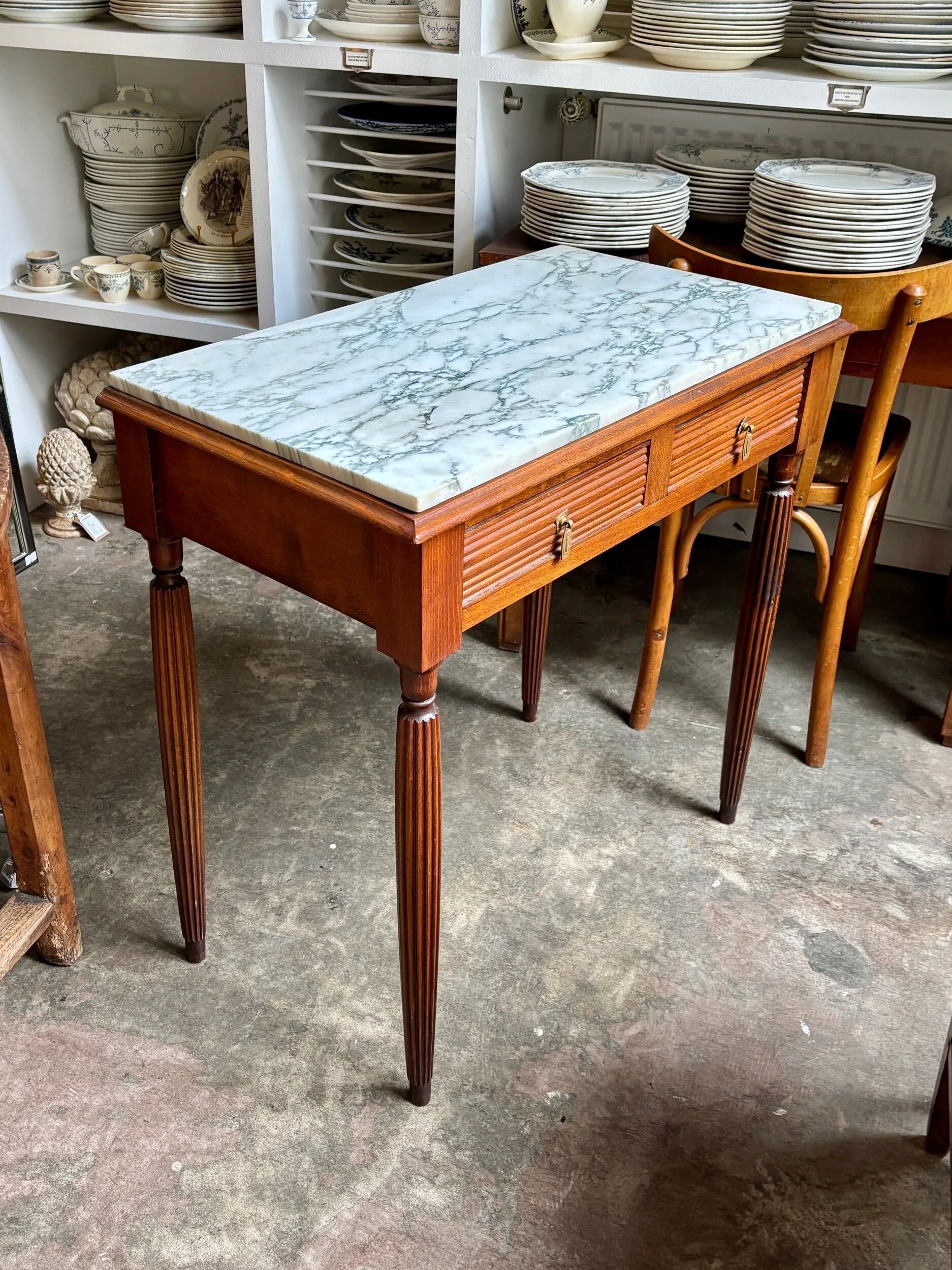 Desk, dark wood and marble side table