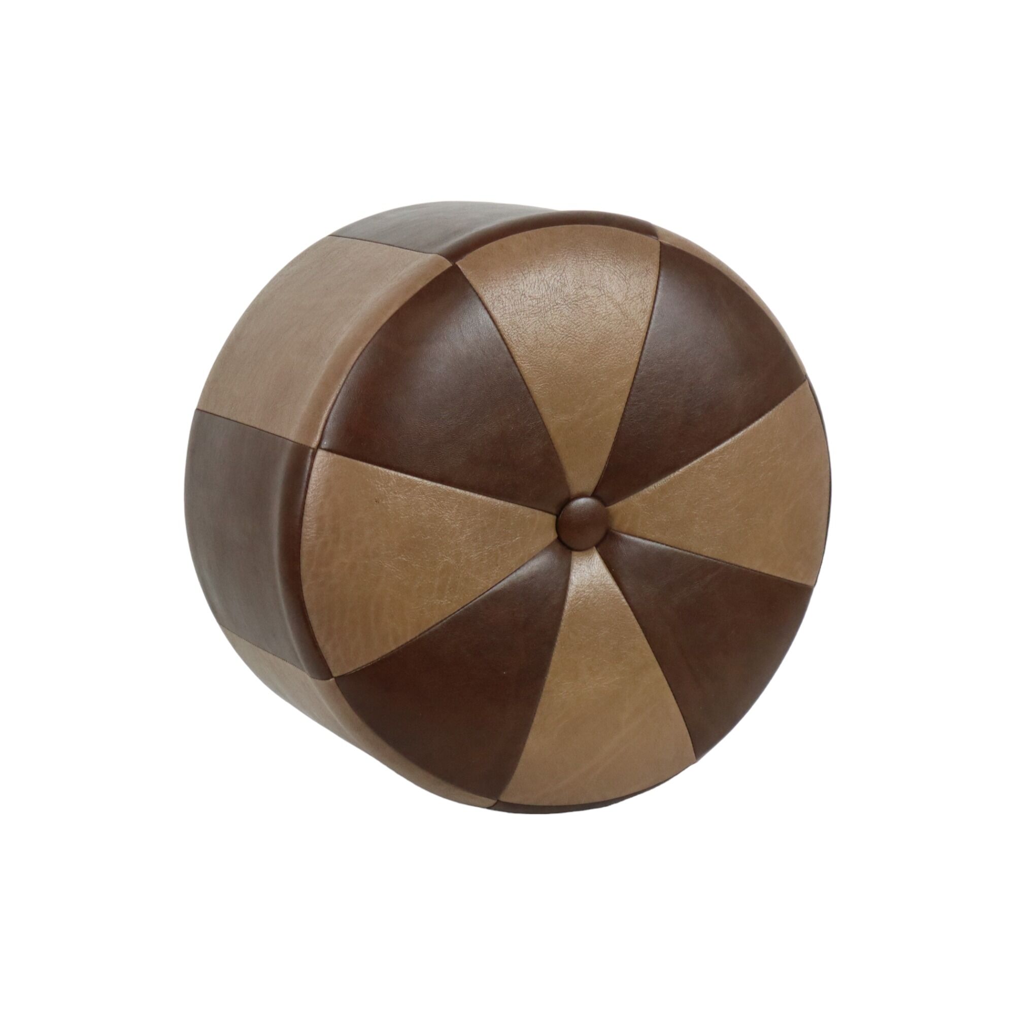 Vintage round pouf skai leather wood footstool brown pattern 44cm