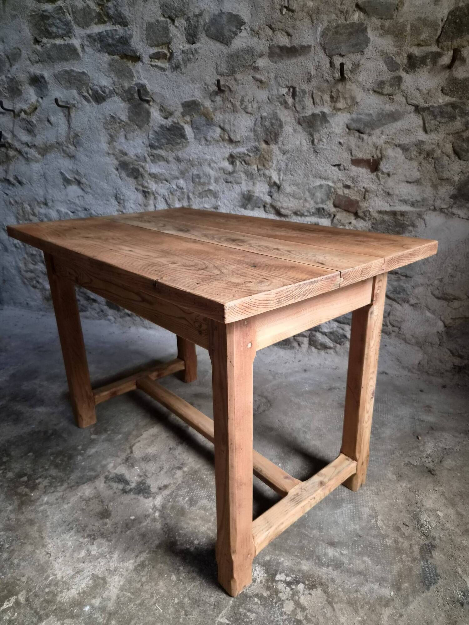 Vintage pine kitchen table or desk with two drawers – 1950s
