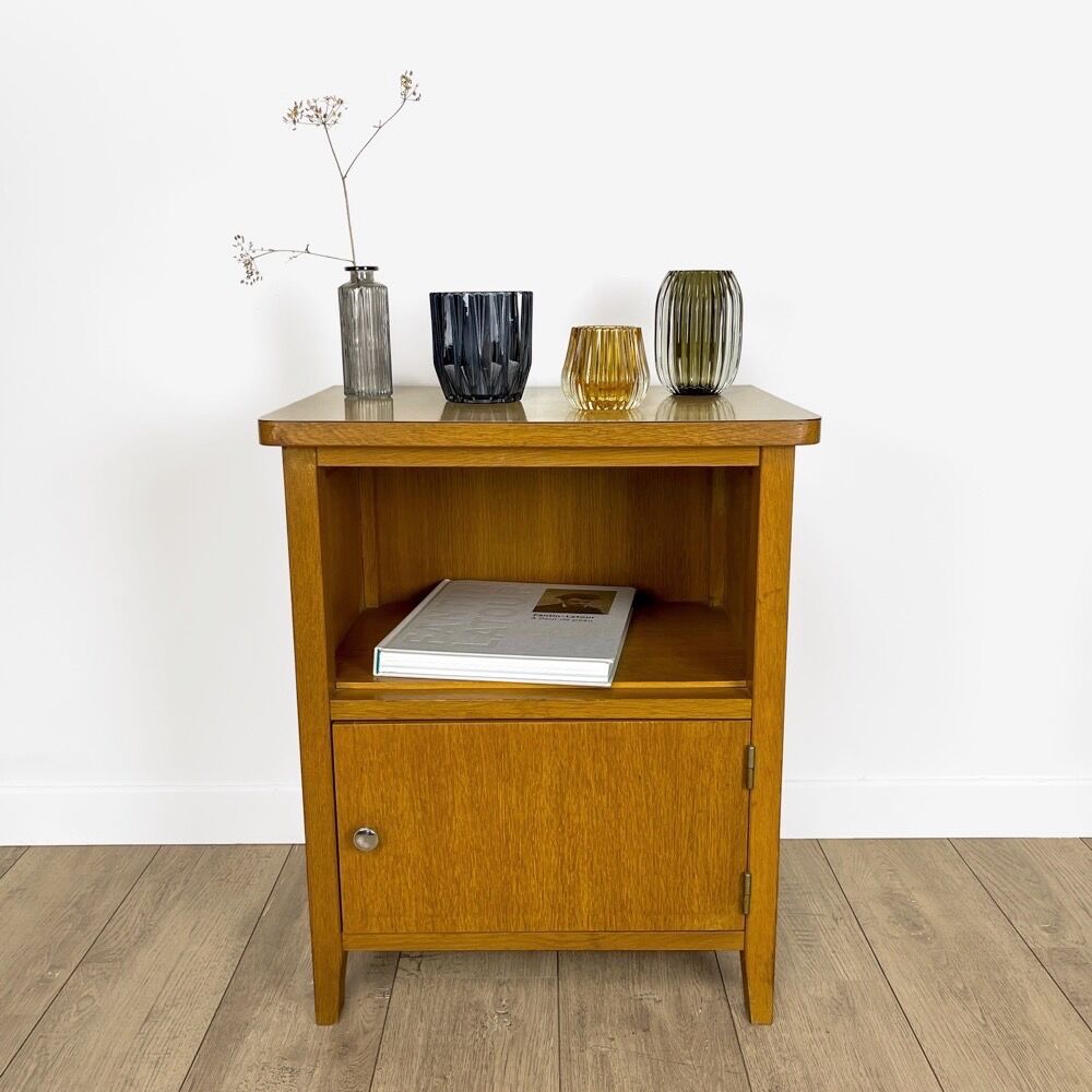 Pair of bedside tables blond wood and vinyl Jantzi 1966