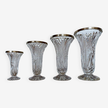 Suite de 4 vases anciens en cristal et col argenté - hollywood regency