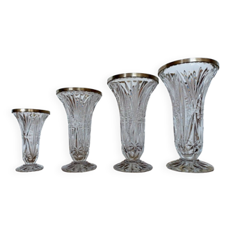 Suite de 4 vases anciens en cristal et col argenté - hollywood regency