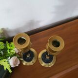 Pair of brass and black hard stone candlesticks
