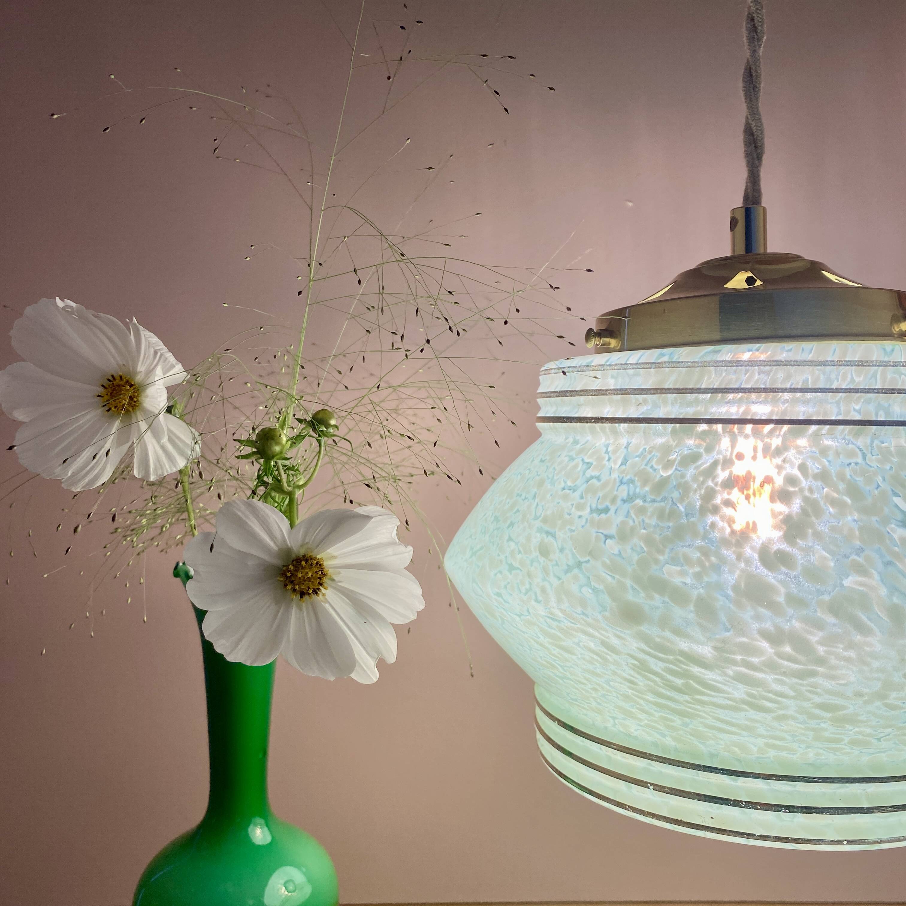 Art Deco globe pendant light in mint green and gold Clichy glass