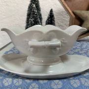 Antique porcelain sauce boat with bamboo pattern.