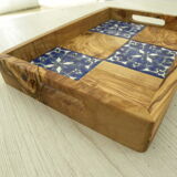 Rectangular top in natural olive wood with tile decoration
