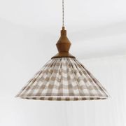 "Olga" pleated pendant light in beige checked fabric and turned wood finish