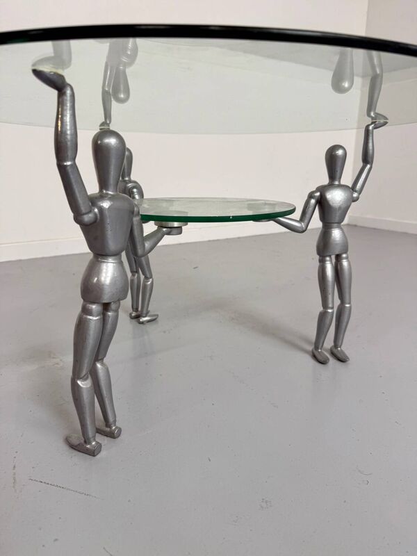 Table basse verre et métal design années 80 personnages métal vintage
