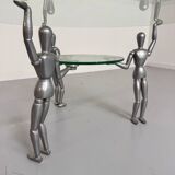 80s design glass and metal coffee table with vintage metal characters