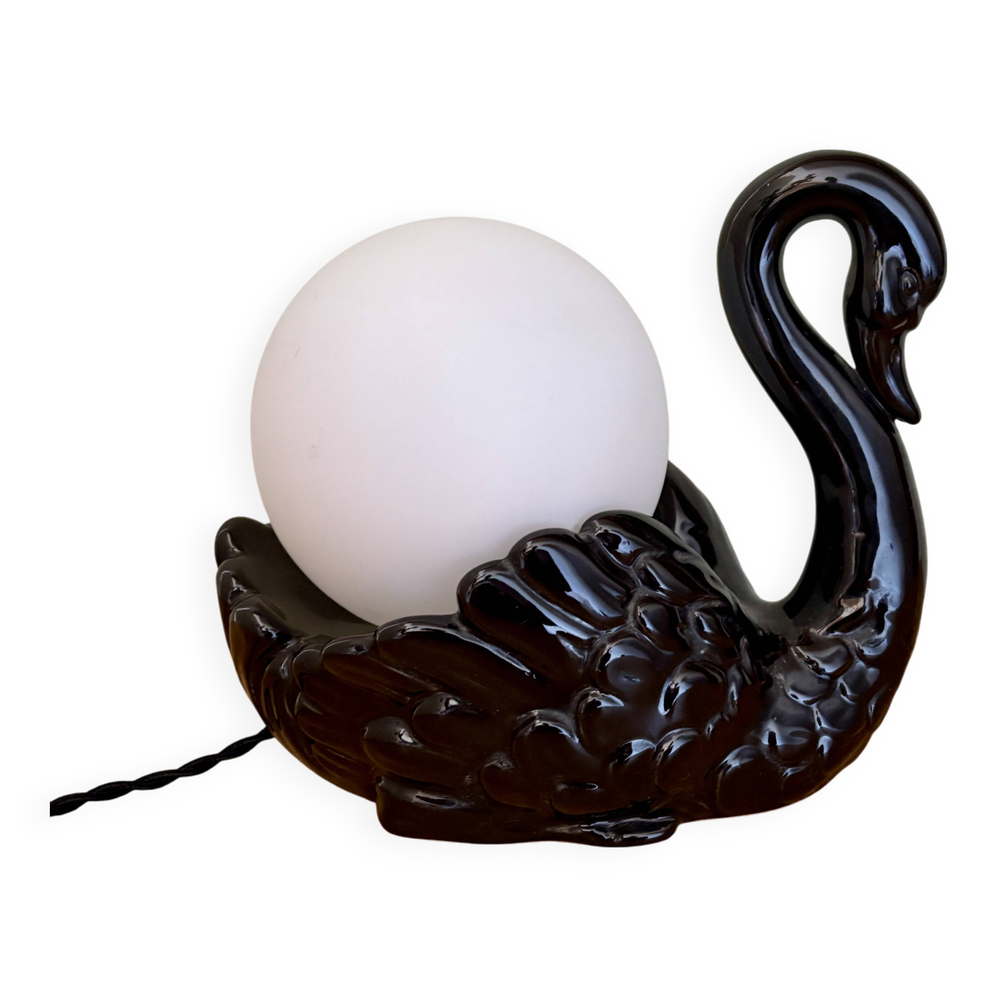 Vintage lamp, black ceramic swan and white opaline globe