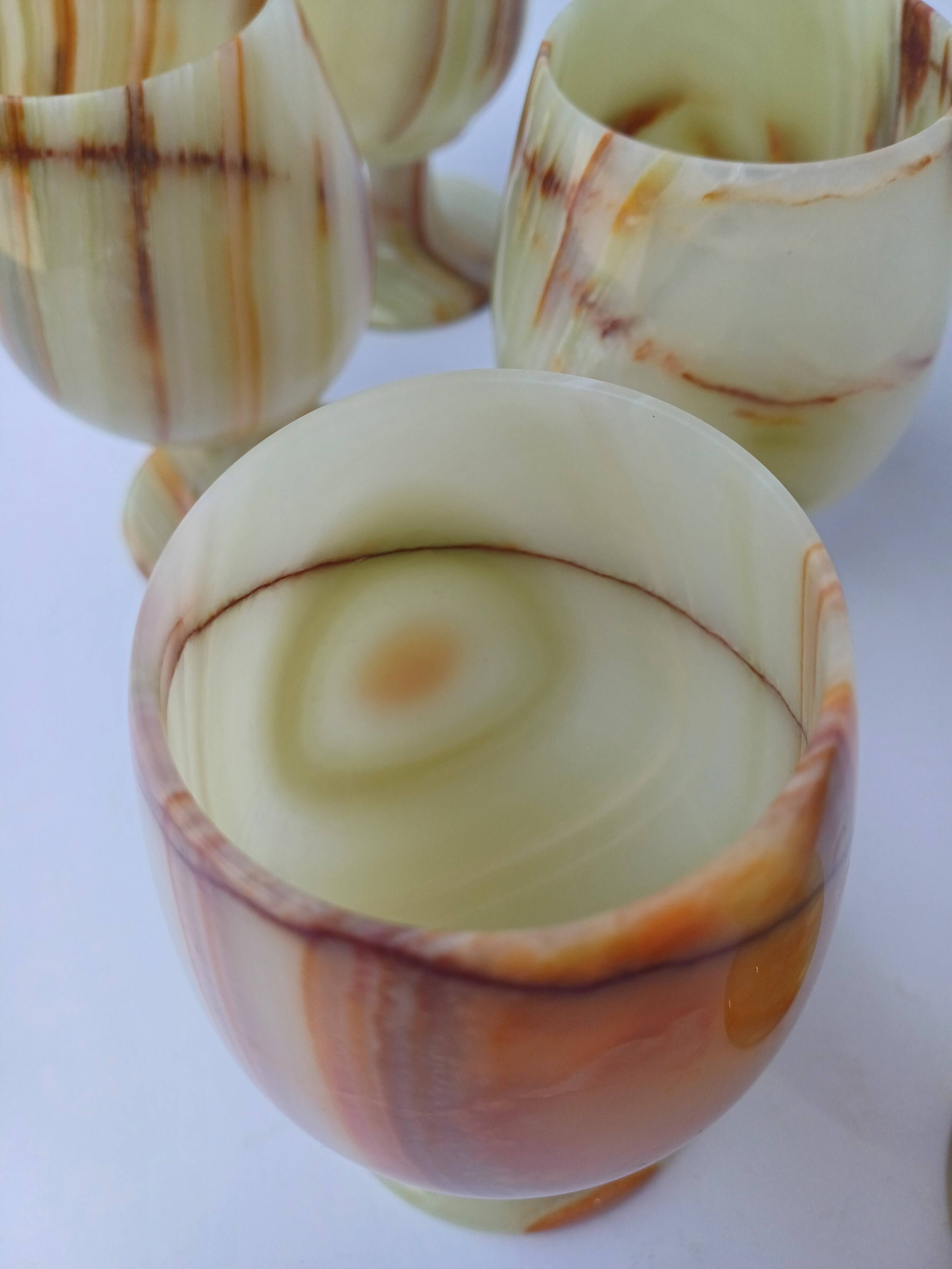 set of 6 green alabaster stone wine goblet stemmed glasses