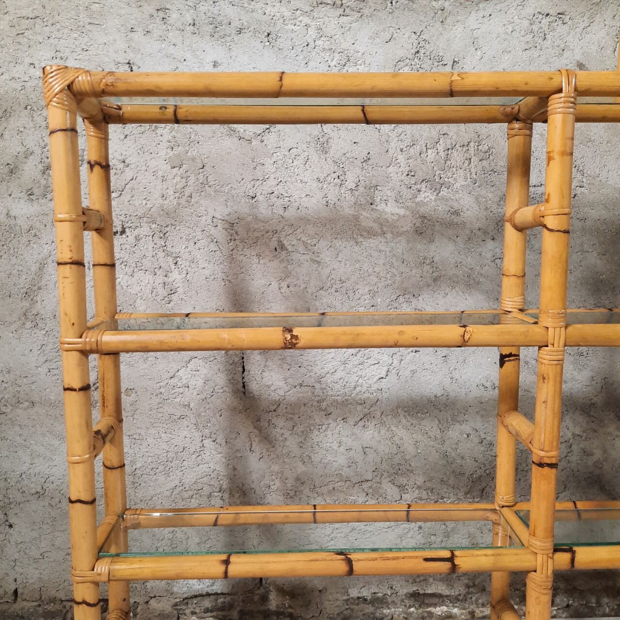 Bookcase, vintage bamboo shelf with glass shelves