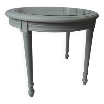 Side table, round coffee table in green-grey, glass top