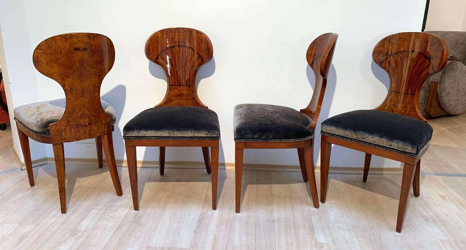 Biedermeier Ballon Chairs, Ash Veneer, Grey Velvet, Vienna, 1900, Set of 4