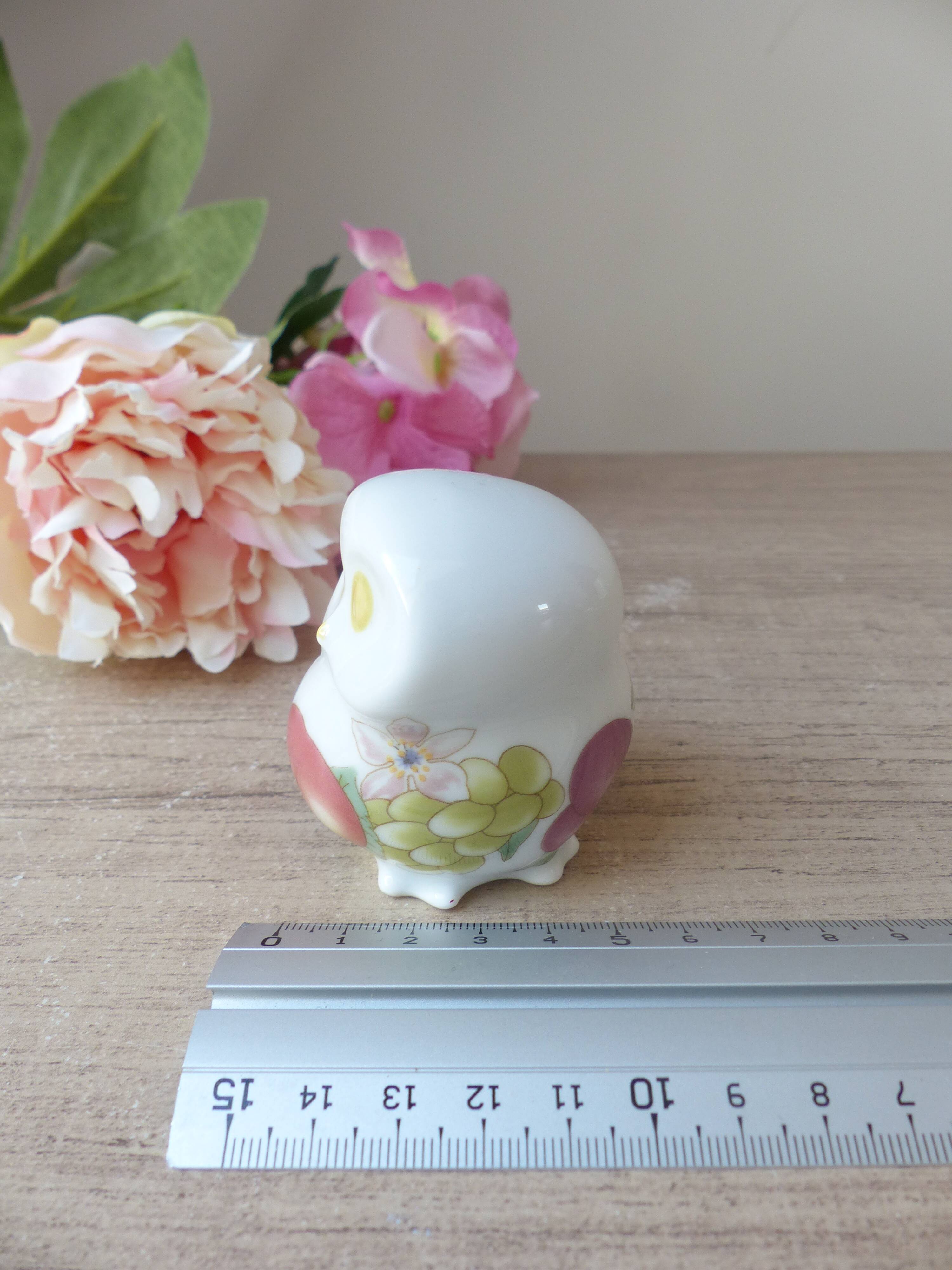 Porcelain owl figurine with fruit decoration, miniature owl with garden fruits