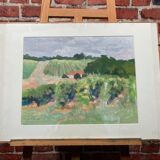 Aquarelle encadrée représentant un paysage agricole