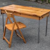 Vintage solid pine & chrome steel desk, 1970s