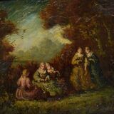 Peinture à l'huile ancienne scène de genre femmes marchant dans la forêt - Ecole française