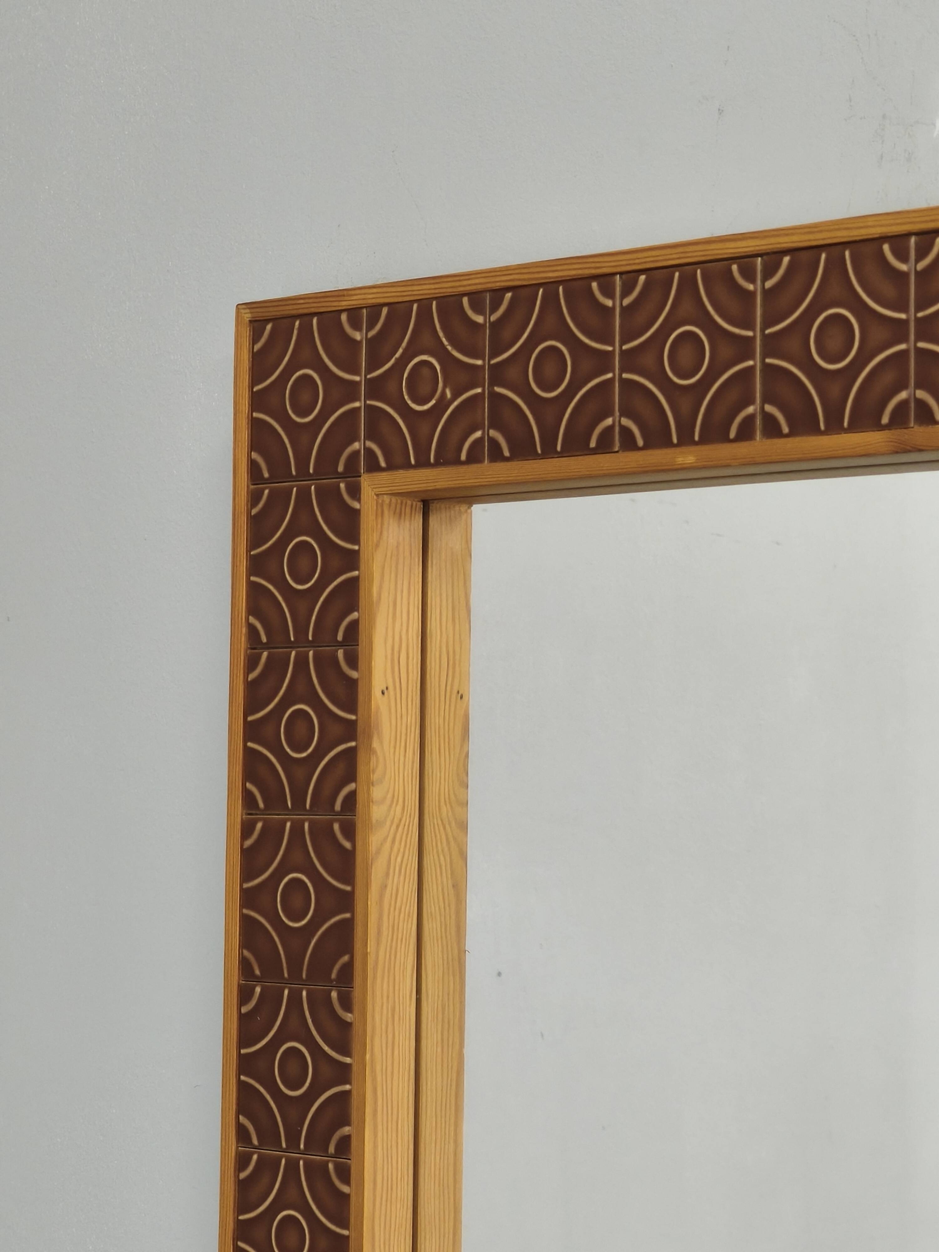 Danish Pine and Ceramic Tile Wall Mirror, 1960s