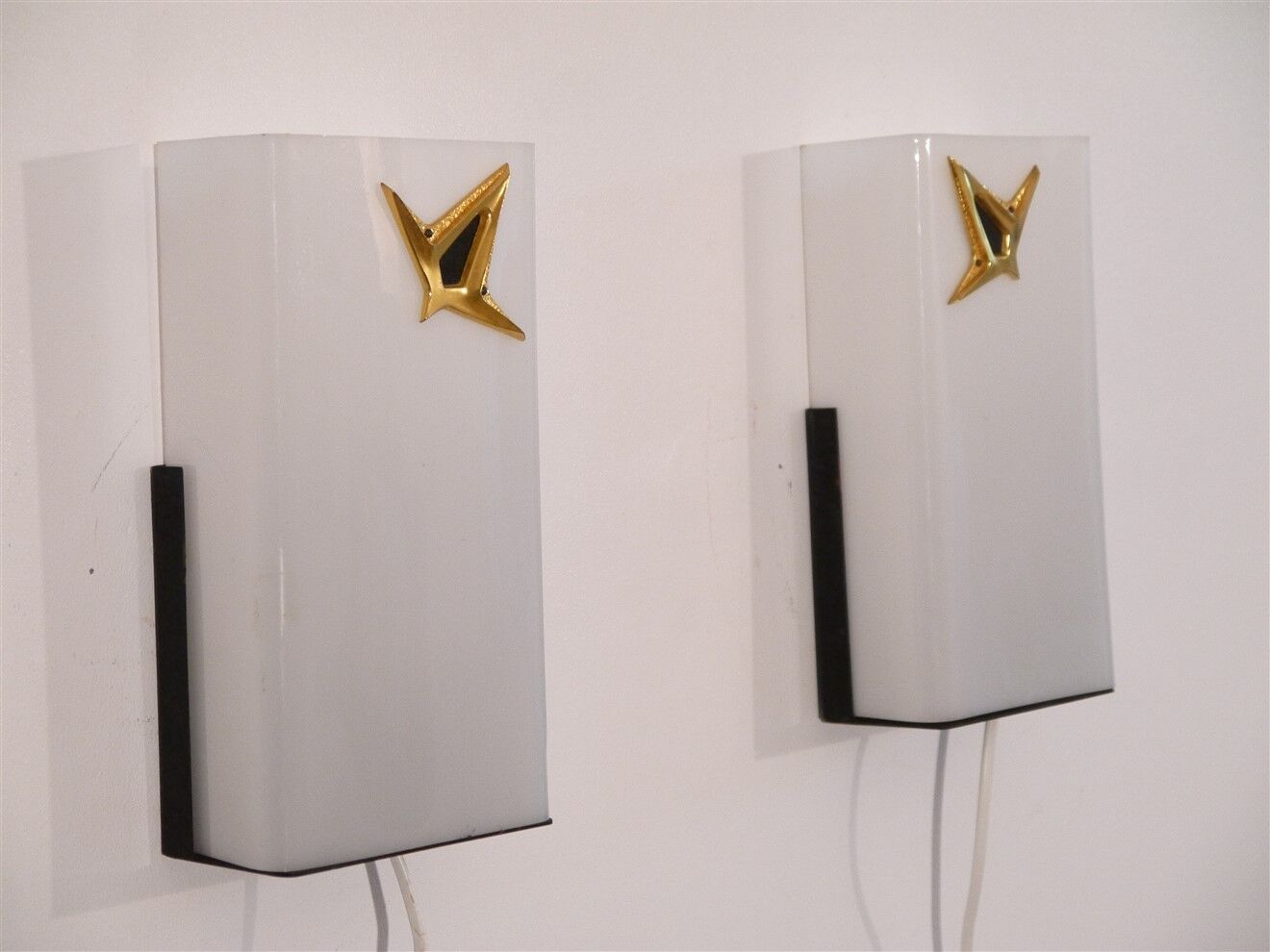 Pair of vintage metal, brass and acrylic wall lamps 1960