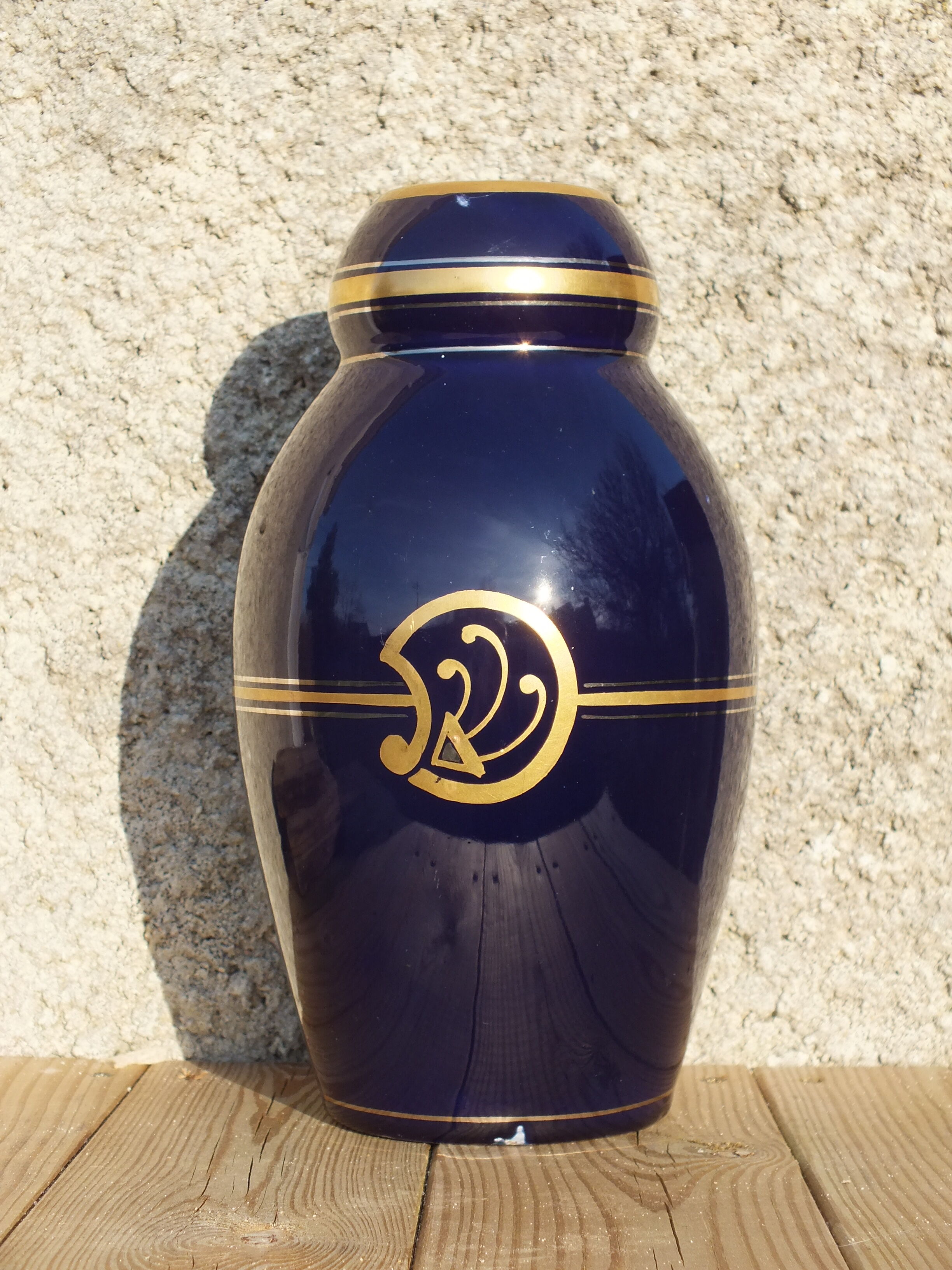 Vase 30s blue of Sèvres and gold Ste Radégonde or Tours Pinon (unsigned)