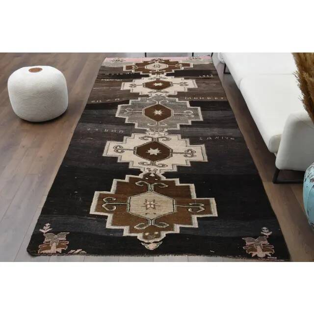 1970s Turkish Hand-Knotted Wool Cotton Brown Runner Rug 149x320