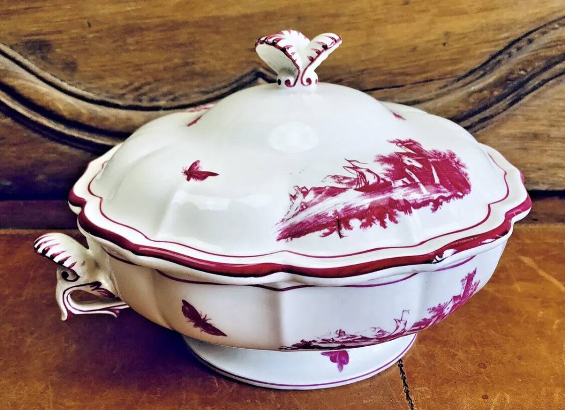 Old small Gien earthenware vegetable soup tureen, pink landscape model