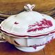 Old small Gien earthenware vegetable soup tureen, pink landscape model
