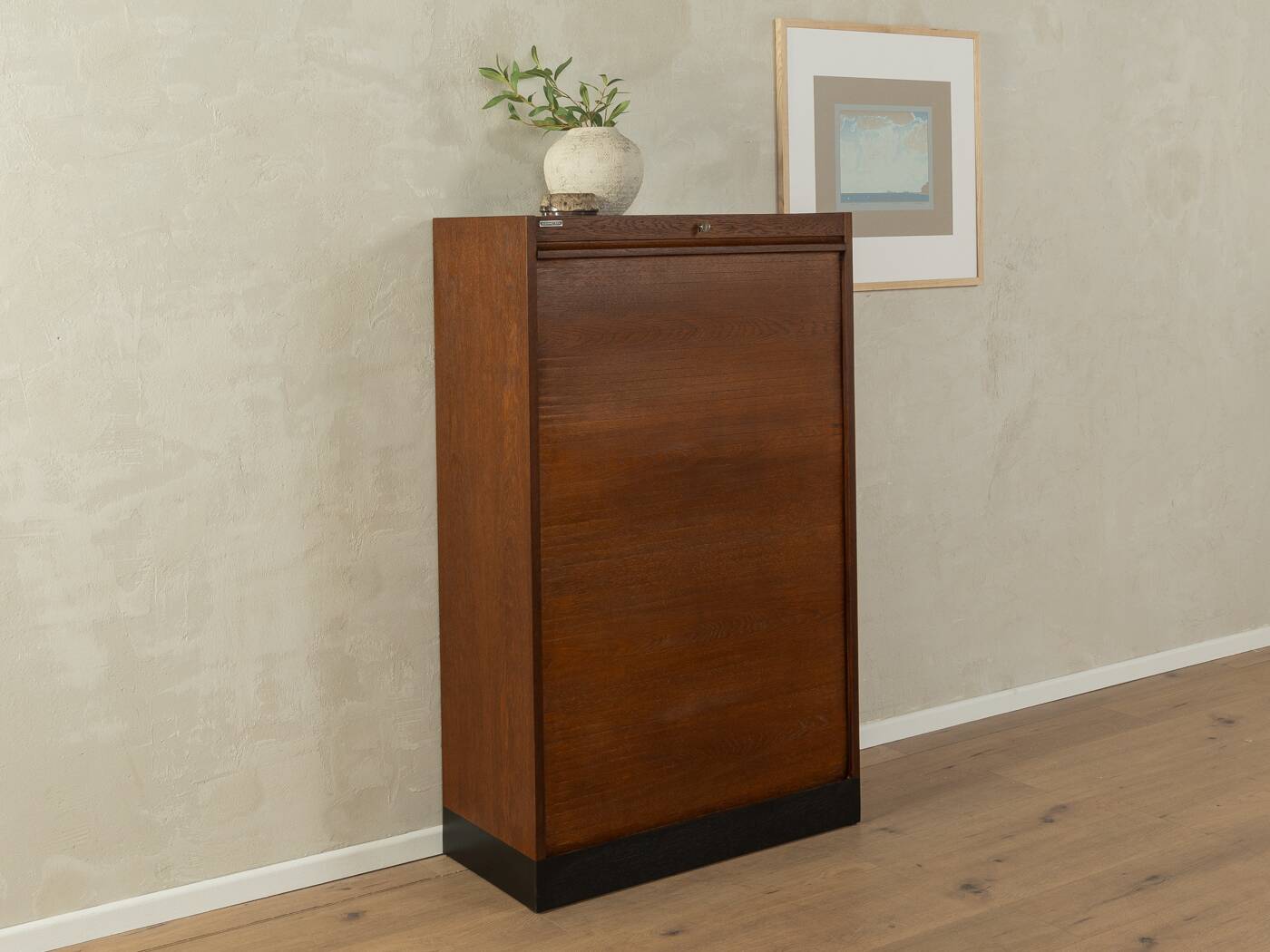Tambour cabinet from the 1950s, dark stained oak veneer