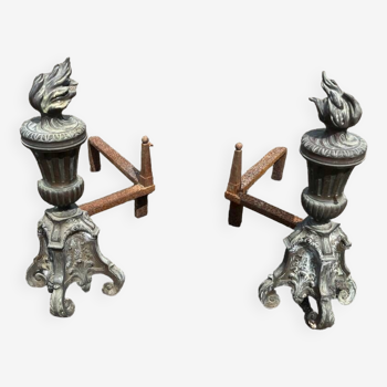 Old pair of 19th century bronzed fireplace andirons